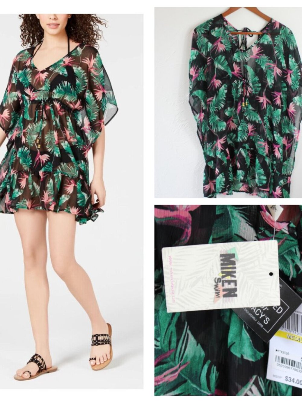 Miken Swimsuit Cover Up Dress Black Floral Medium NWT